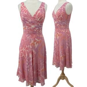 Y2k 100% Silk floral Dress Floral Pattern Fit & Flare V Neck Pink Womens 6